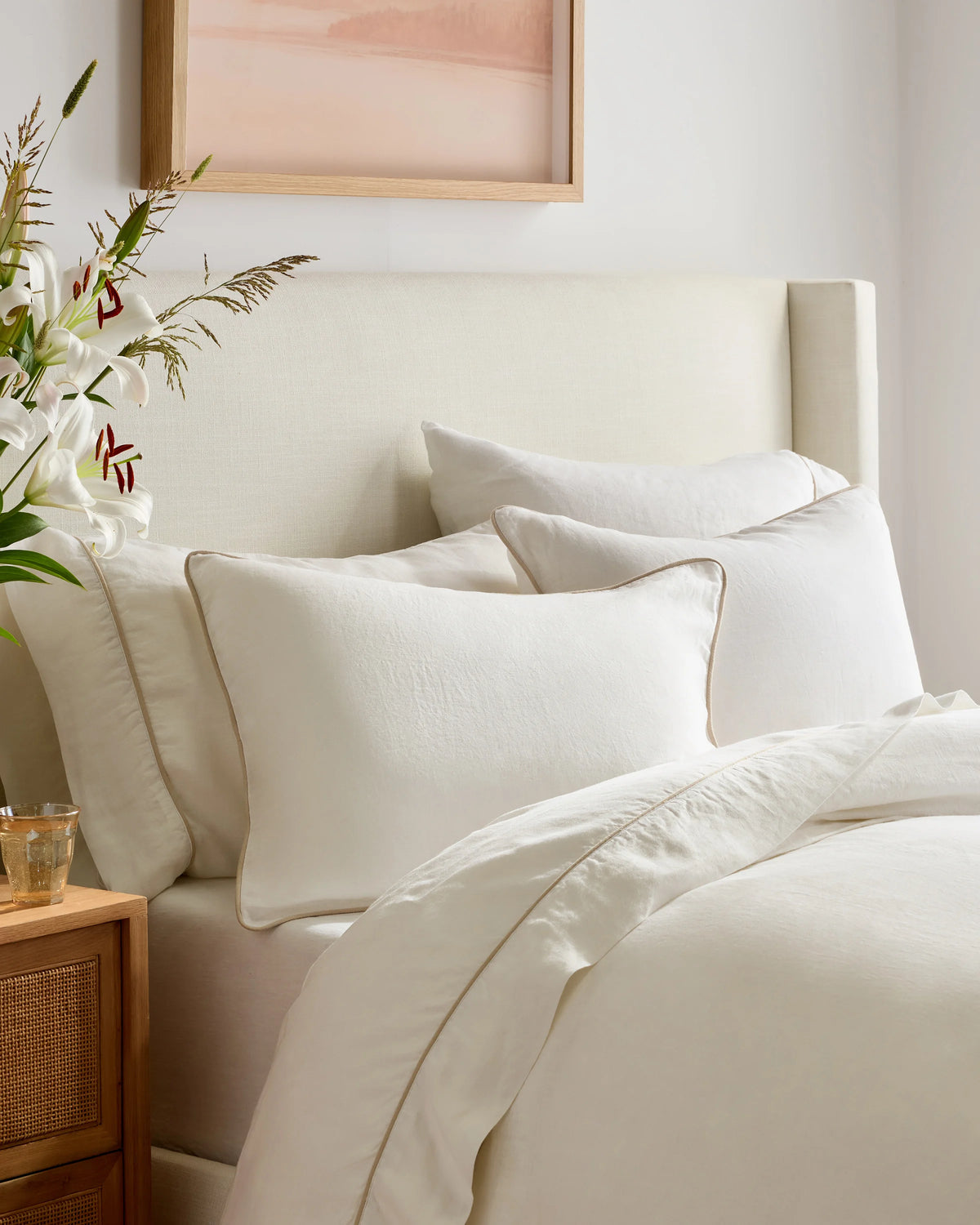 European Linen Piped Pillowcase Set - Standard / White/Cherry