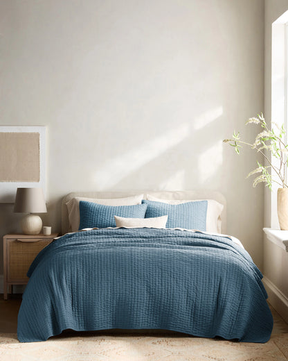 European Linen Cotton Stitch Quilt Set - Twin / Stone