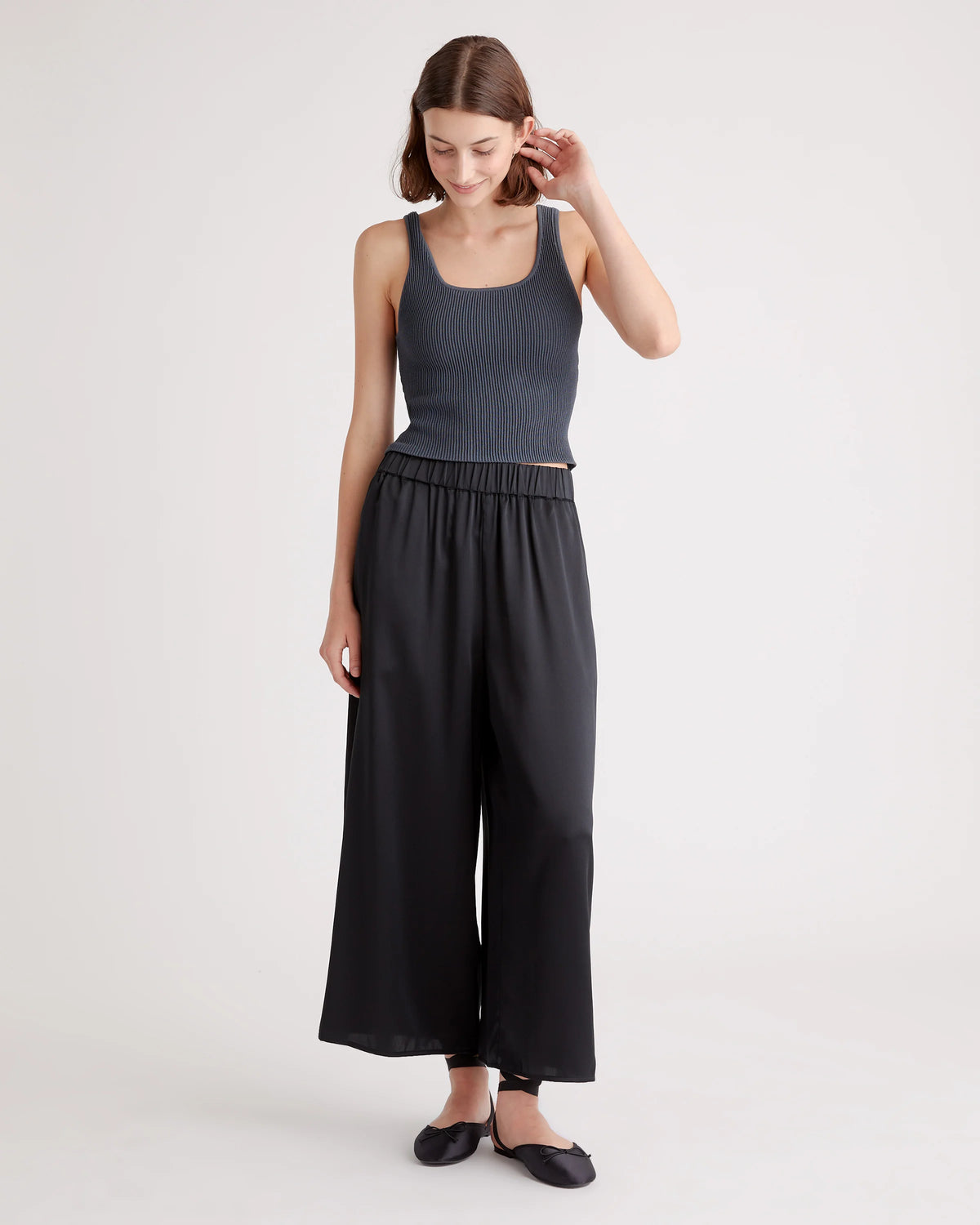 100% Washable Silk Cropped Wide Leg Pant - XS / Black