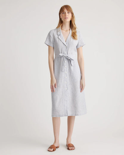 100% European Linen Button Front Dress - XS / Sky Blue Mariner Stripe
