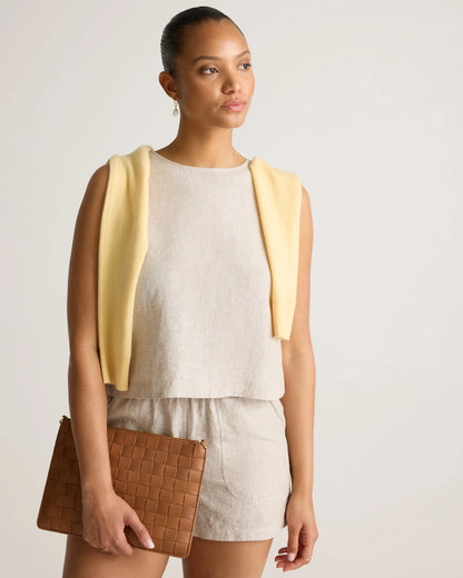 100% European Linen Cropped Tank - XS / Taupe Brown Gingham