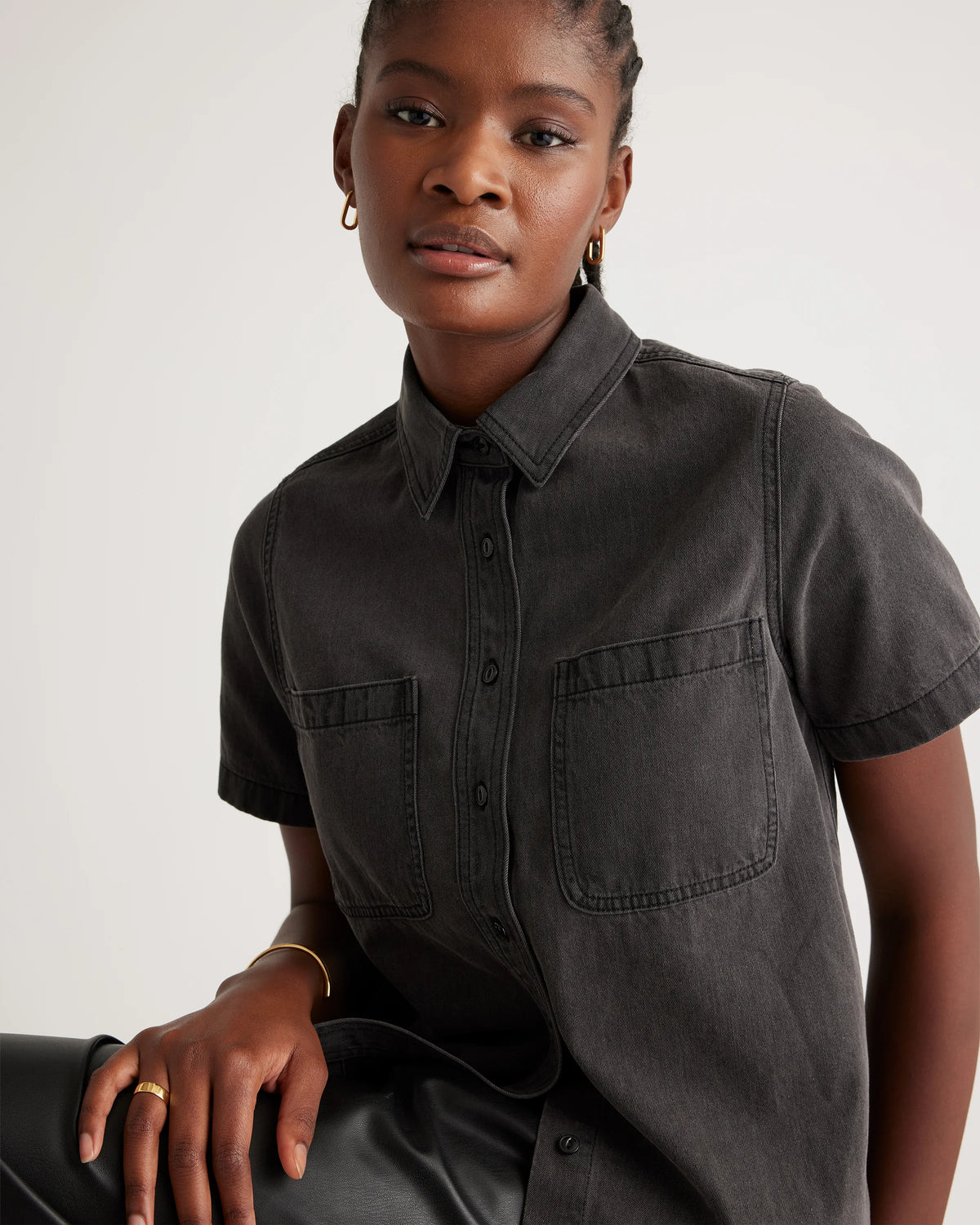 Distressed Denim Short Sleeve Shirt - XS / Light Chambray