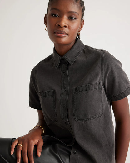 Distressed Denim Short Sleeve Shirt - XS / Light Chambray