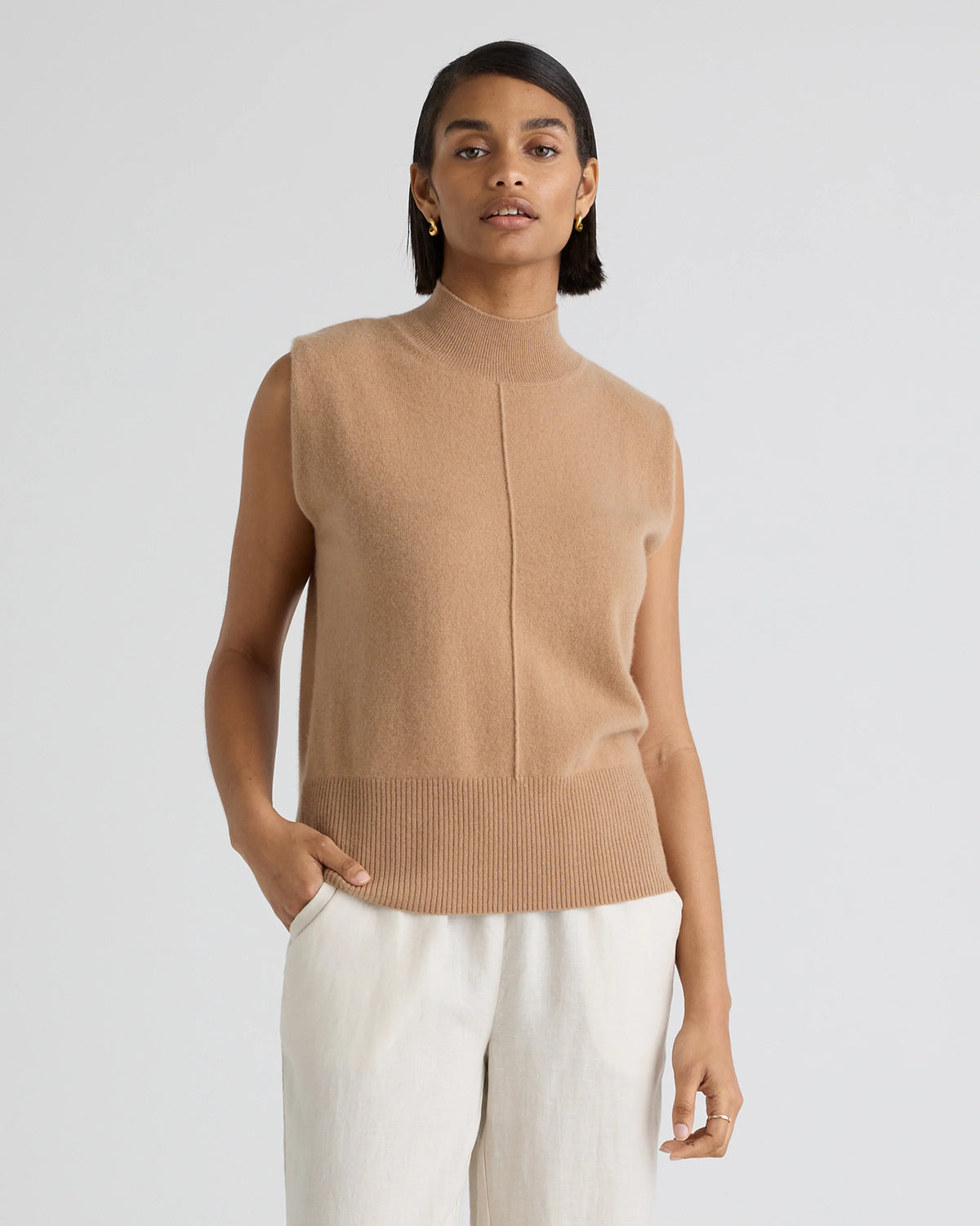 Mongolian Cashmere Padded-Shoulder Sweater Tank - XS / Heather Grey