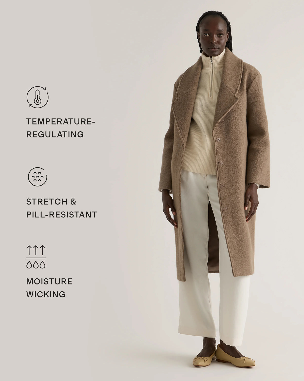 100% Merino Wool Shawl Collar Long Coat - XS / Heather Bone