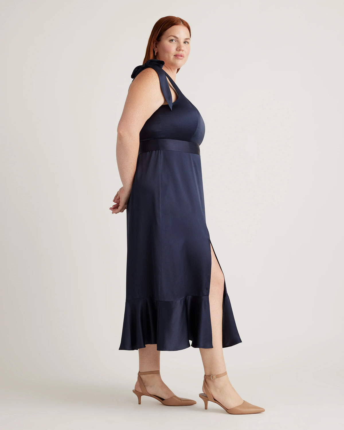 100% Washable Silk Square Neck Midi Dress - XS / Navy