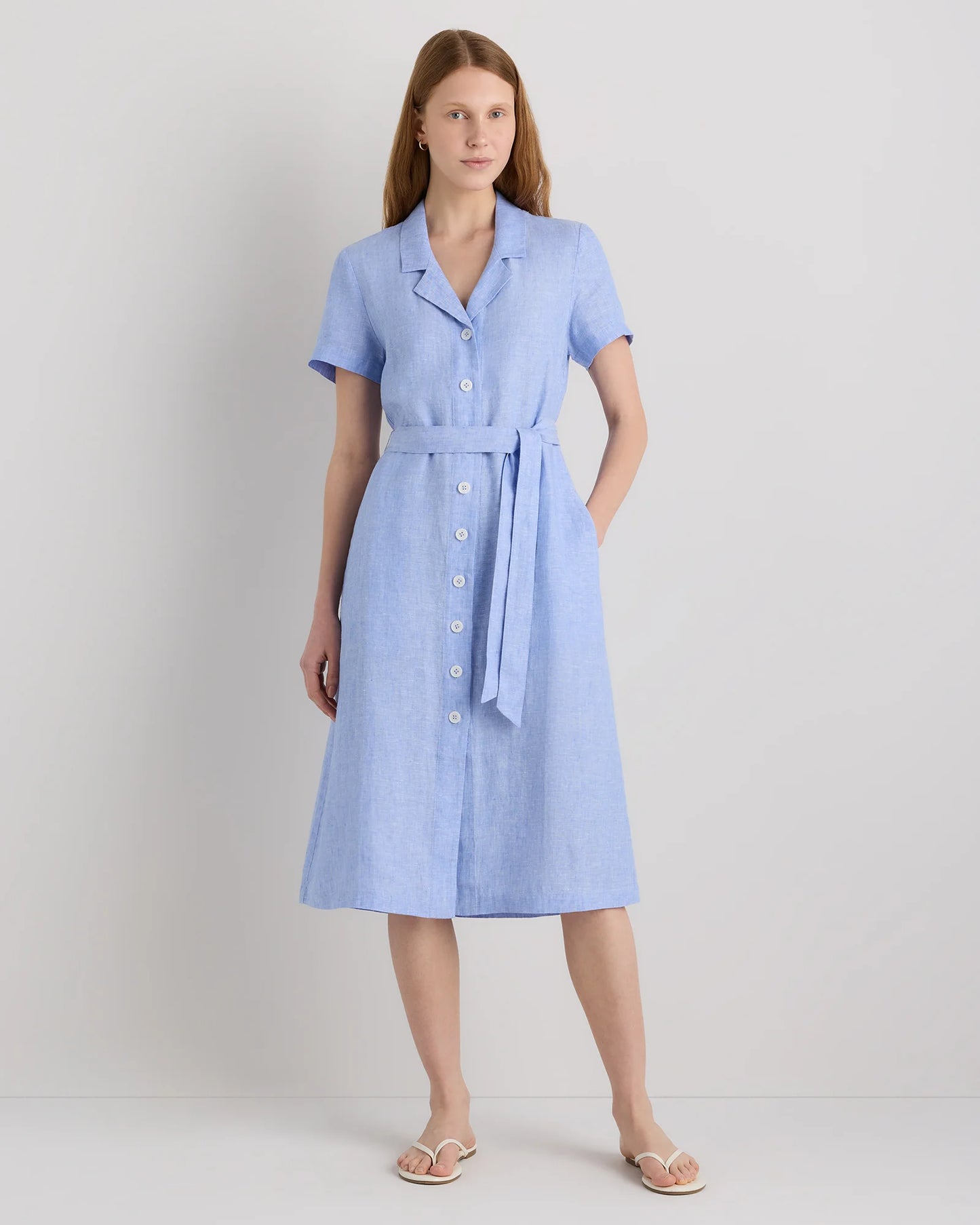 100% European Linen Button Front Dress - XS / Sky Blue Mariner Stripe