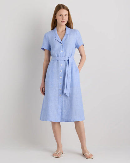 100% European Linen Button Front Dress - XS / Sky Blue Mariner Stripe