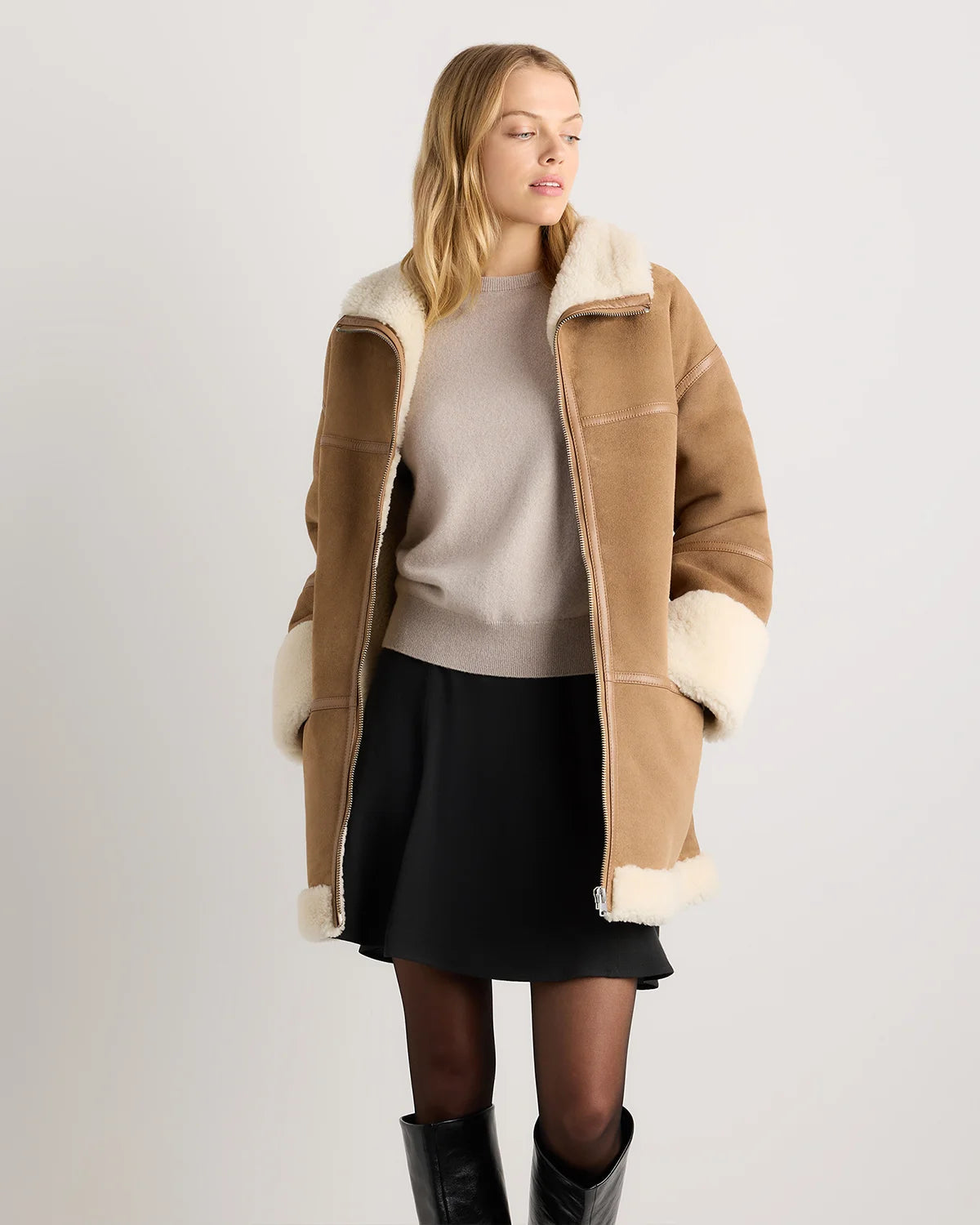100% Shearling Long Coat - XS / Fawn/Off-White