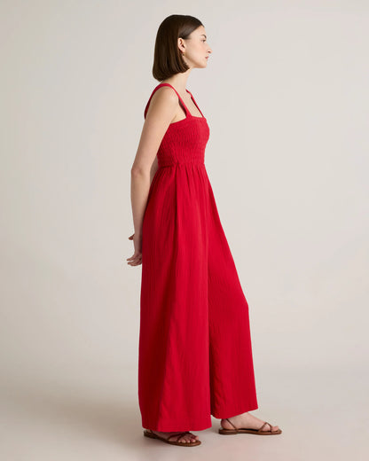 100% Organic Cotton Gauze Smocked Wide Leg Jumpsuit - XS / Wild Cherry