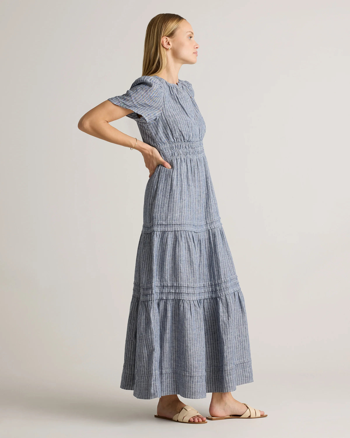 100% European Linen Tiered Maxi Dress - XS / Deep Navy