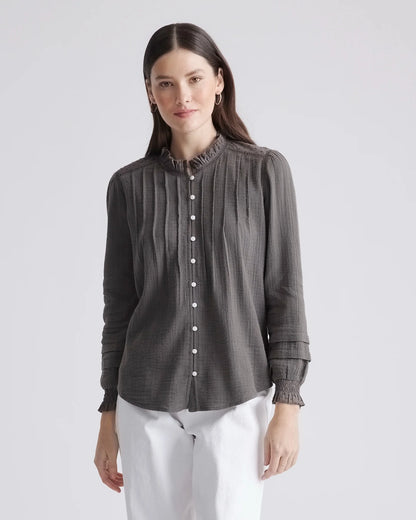 Organic Textured Cotton Peasant Blouse - XS / Pale Custard Yellow