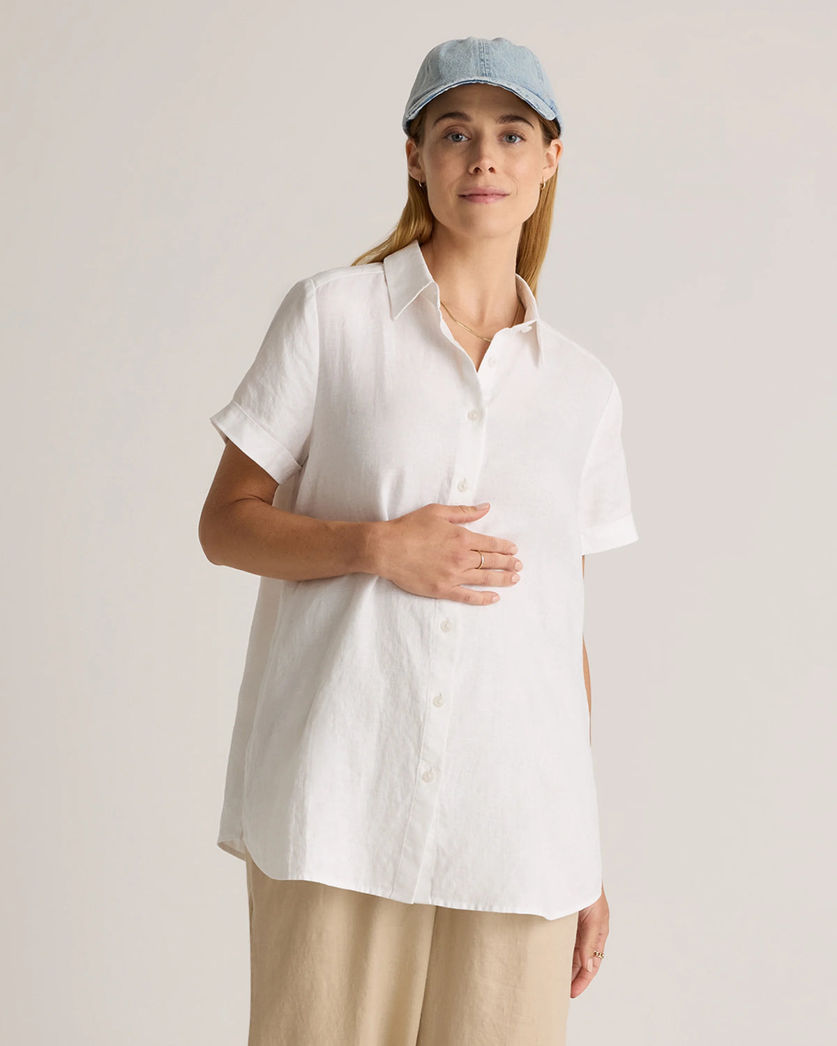 100% European Linen Maternity Camp Shirt - XS / Blue Pinstripe