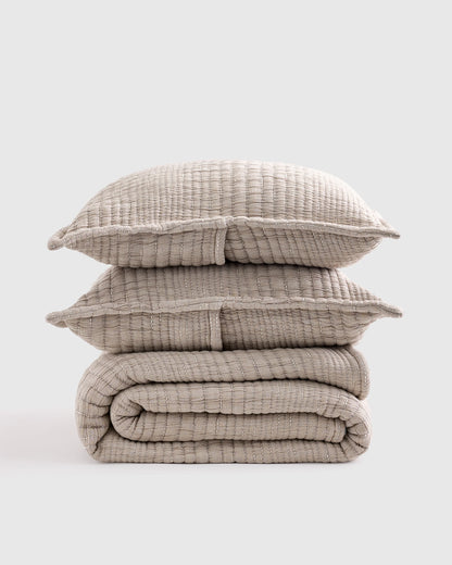 Organic Cotton Channel Stitch Coverlet Set - Twin / Coral Pink