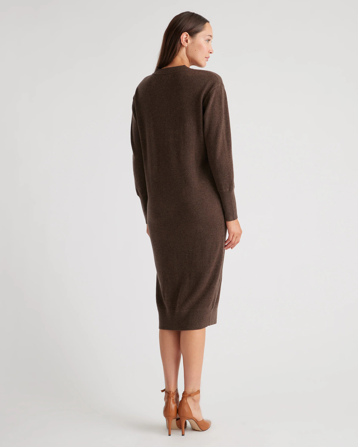 Mongolian Cashmere V-Neck Midi Sweater Dress - XS / Brown