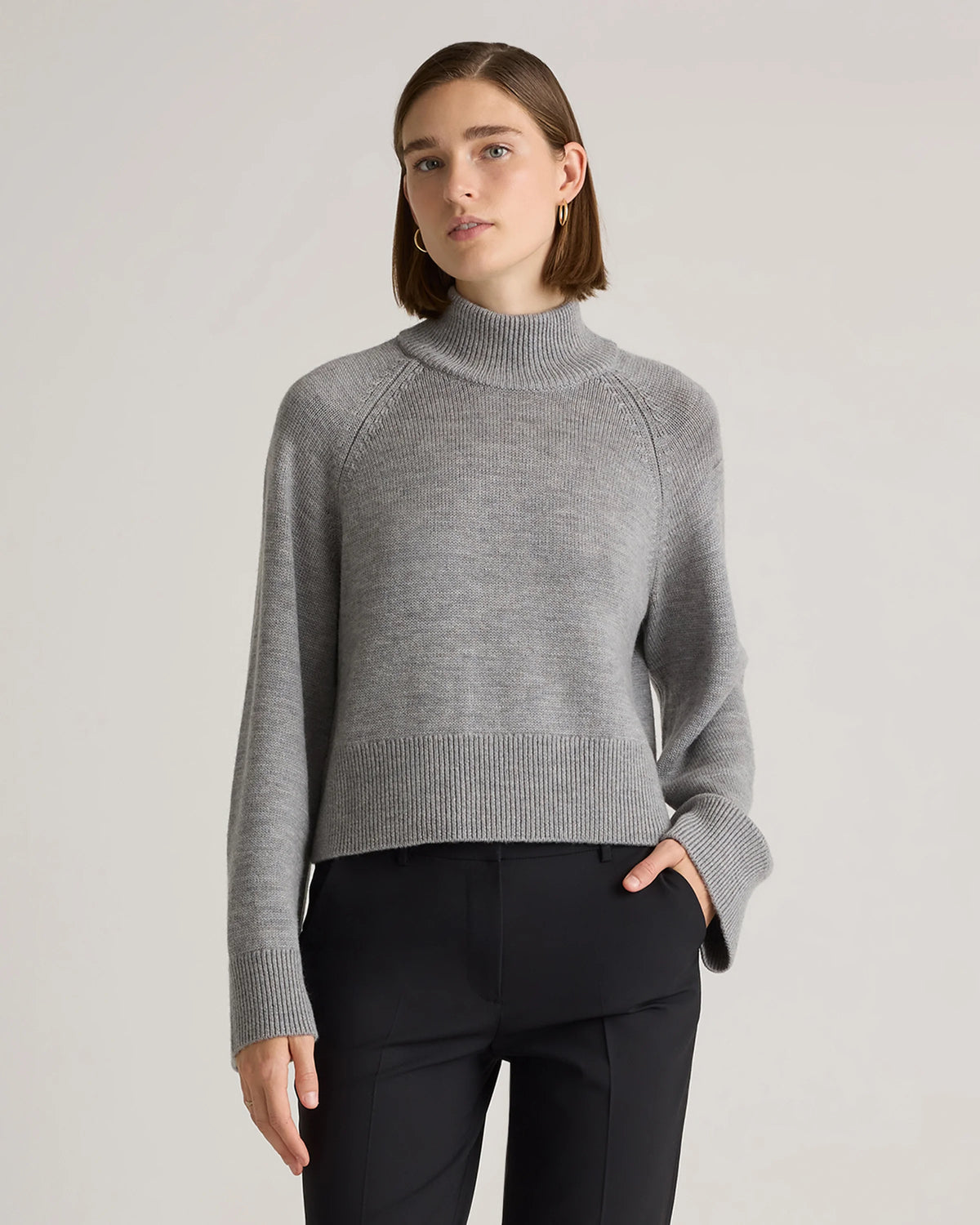 Australian Merino Wool Cropped Mock Neck Sweater - XS / Heather Bone