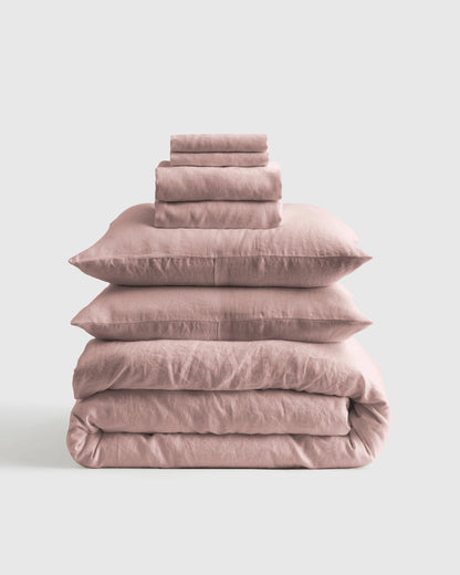European Linen Deluxe Bedding Bundle - Twin / Willowleaf/White Stripe