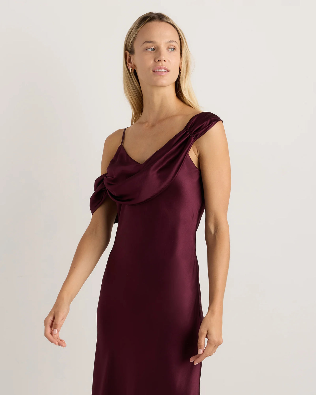 100% Washable Silk Draped Shoulder Maxi Dress - XS / Navy