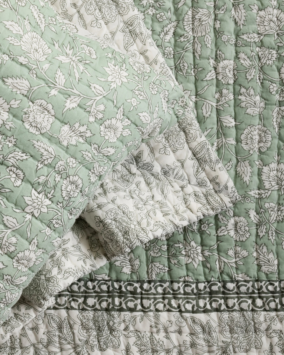 Organic Cotton Block Print Quilt Set - Twin / Green