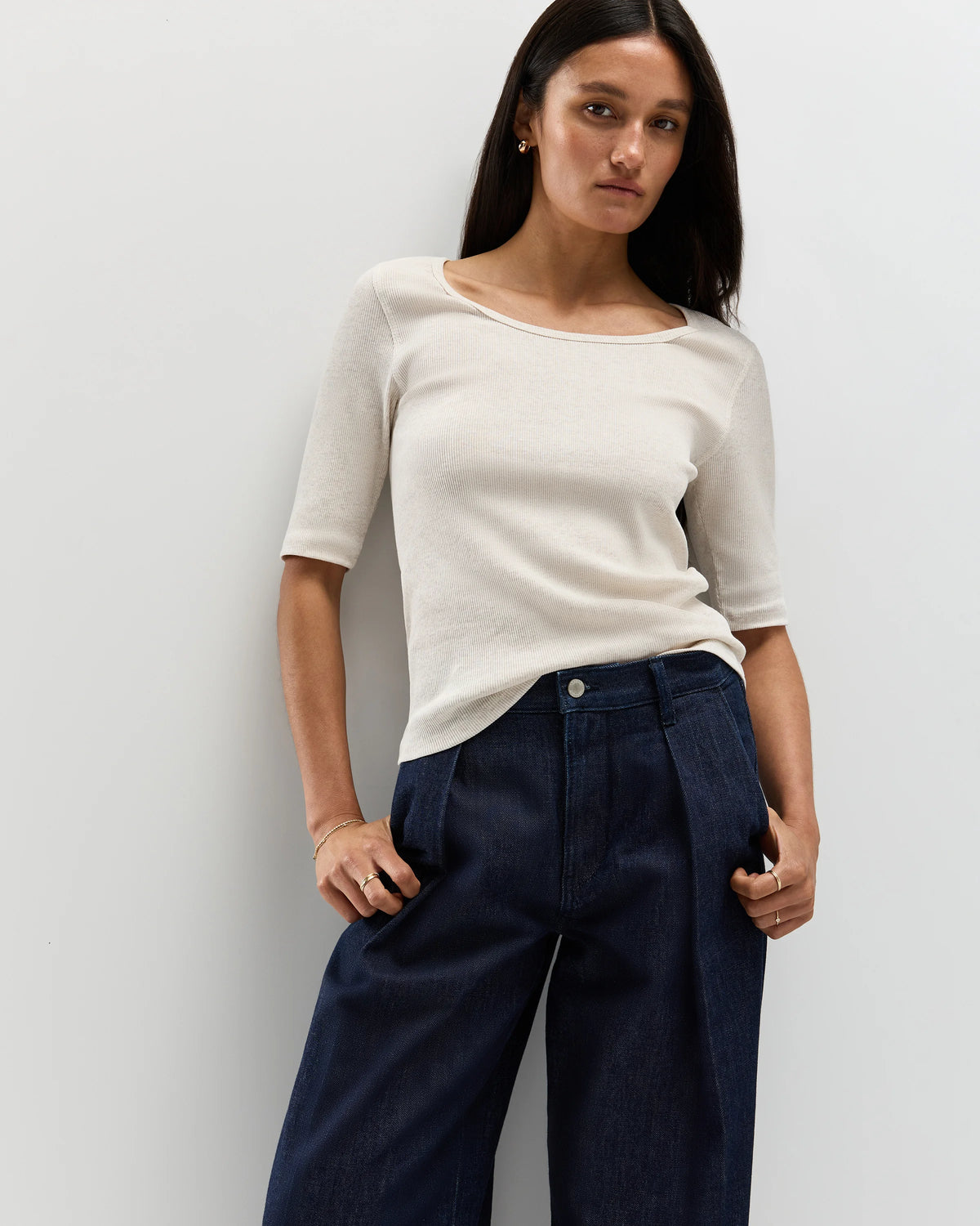 Organic Cotton Micro-Rib Elbow Sleeve Tee - XS / Moonstone Blue
