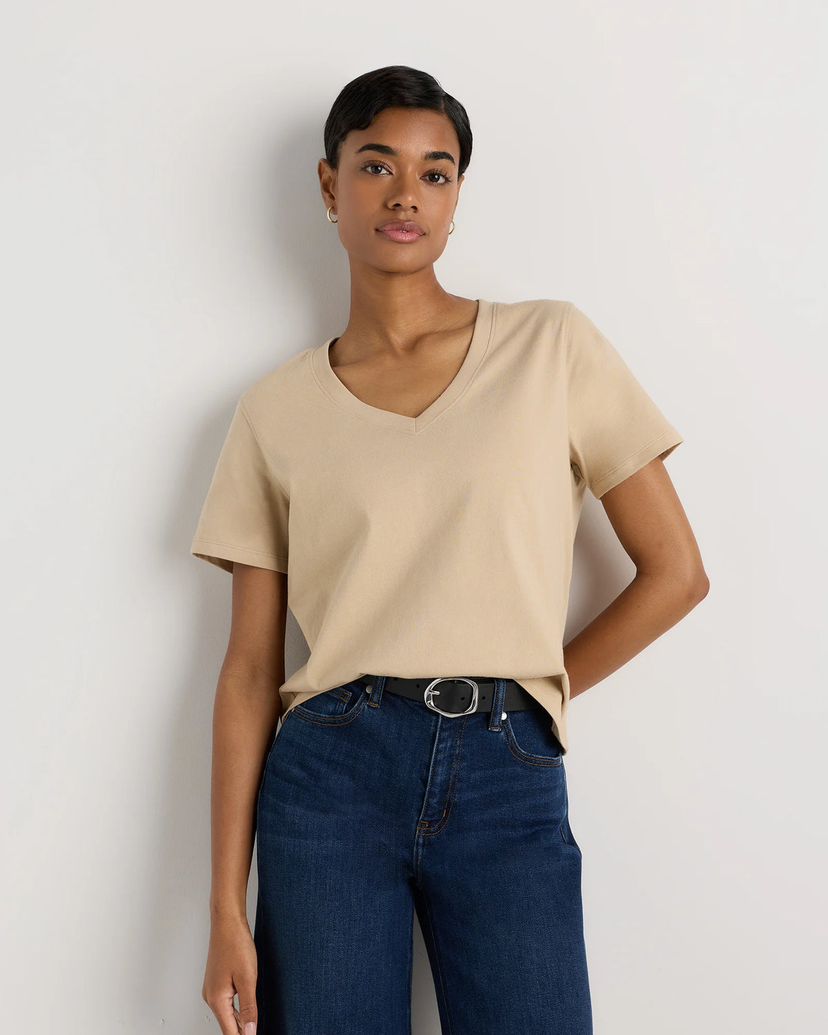 100% Organic Cotton Boxy V-Neck Tee - XS / Dusty Beige