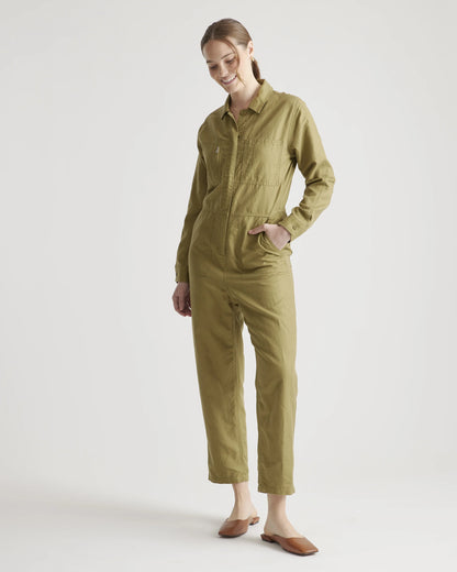 Cotton Linen Twill Long Sleeve Coverall Jumpsuit - XS / Army Green