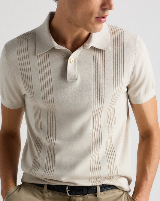 Cotton-Silk Ribbed Short Sleeve Sweater Polo - S / Speckled Beige