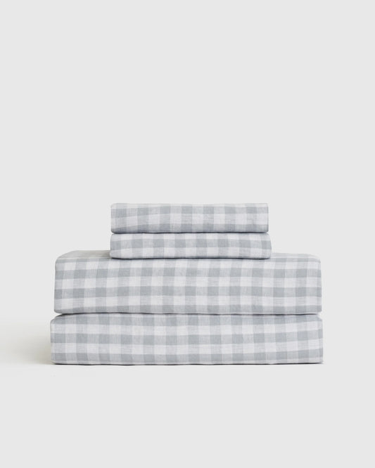 European Linen Gingham Sheet Set - Twin / Blue Fog