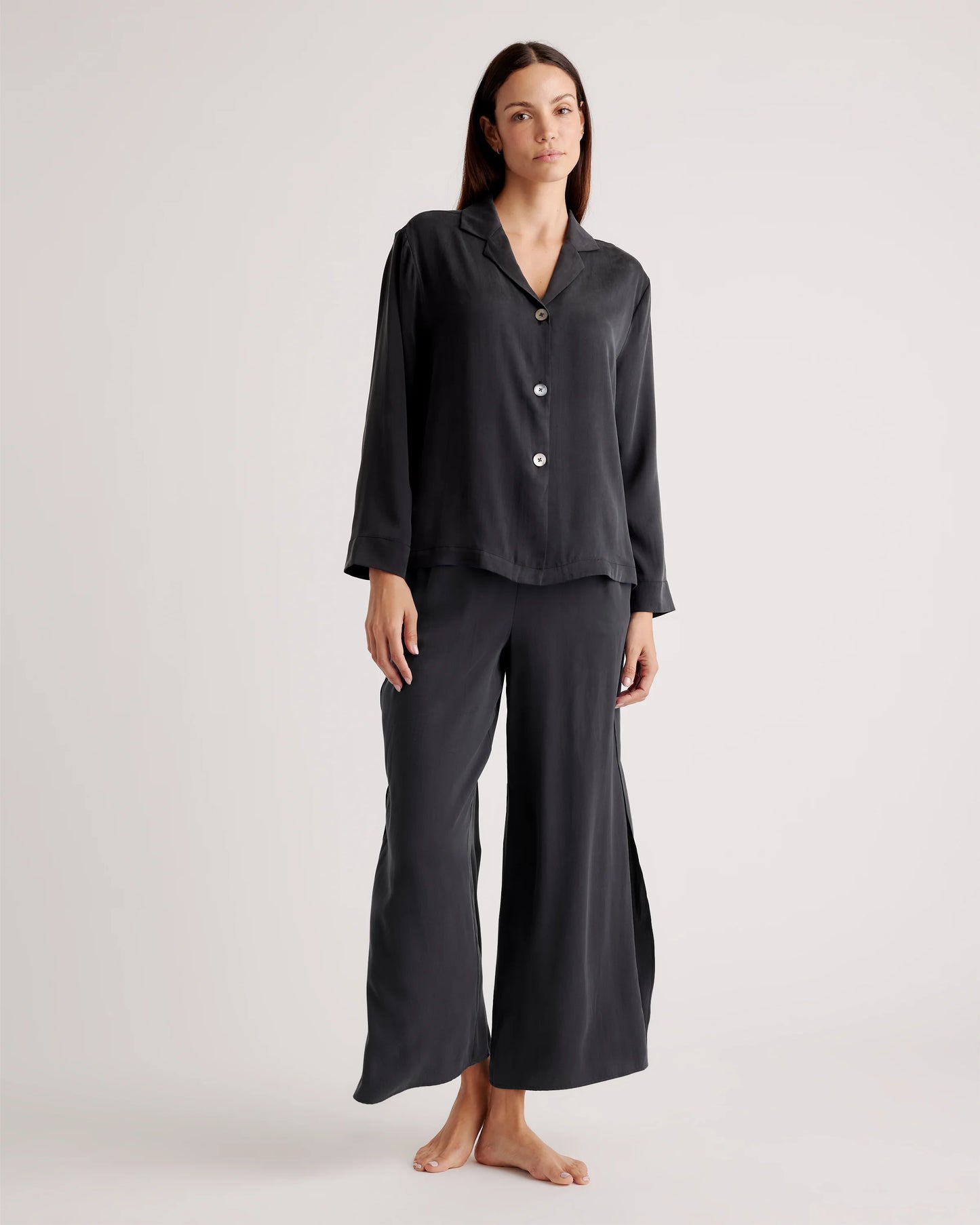 100% Washable Silk Pajama Long Sleeve Top - XS / Black