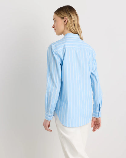 100% Organic Cotton Poplin Long Sleeve Shirt - XS / Delta Blue Double Stripe