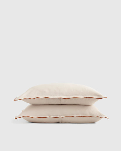 European Linen Double Embroidered Edge Sham Set - Standard / White with Black Embroidery