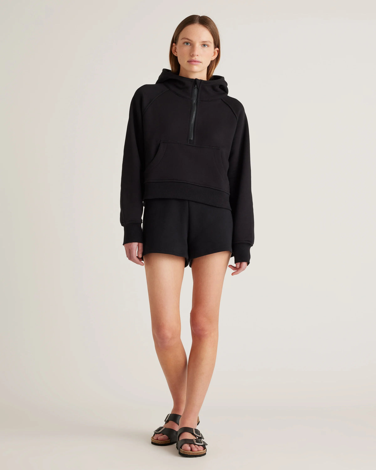 Organic Heavyweight Fleece Cropped Half Zip Hoodie - XS / Taupe