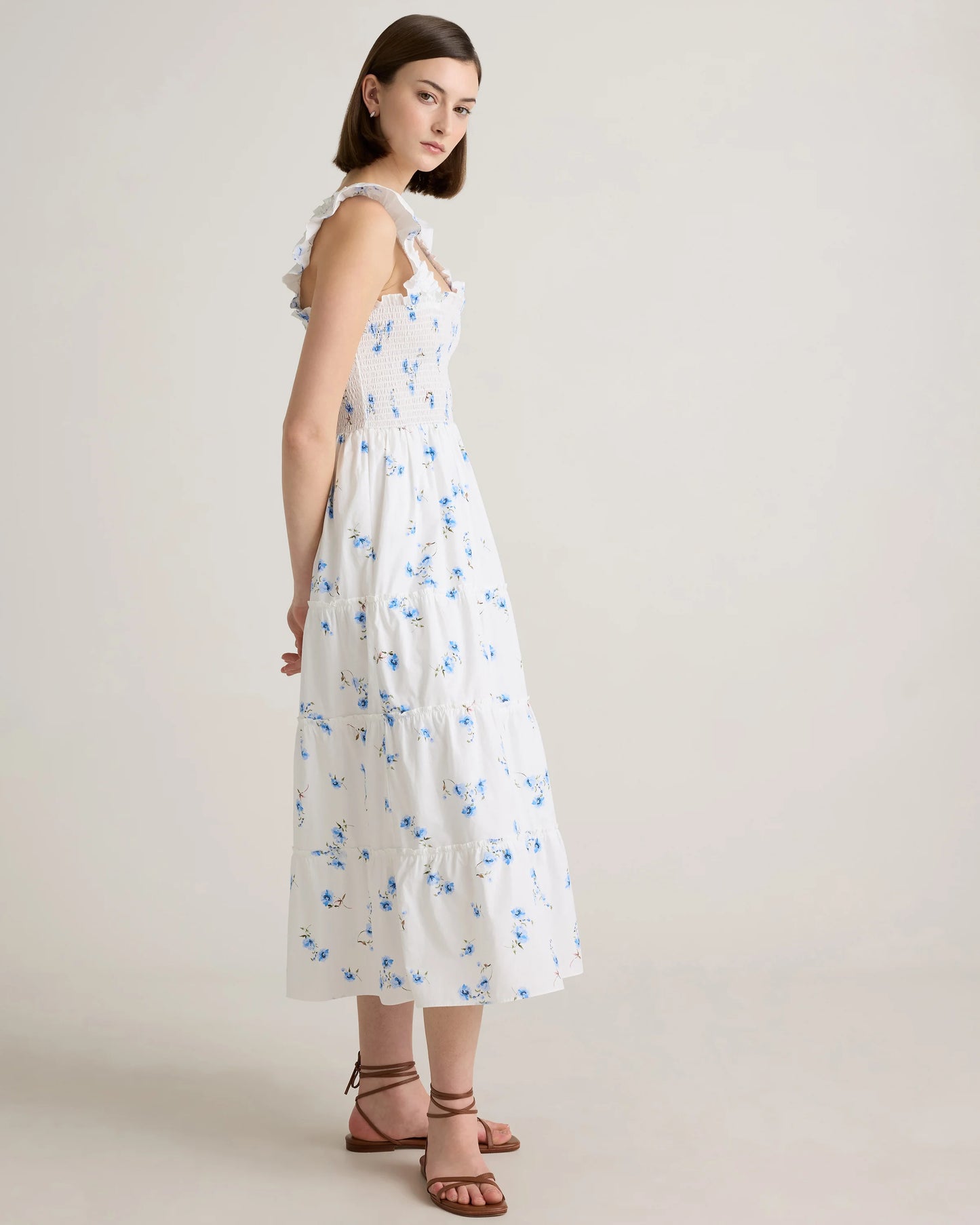 100% Organic Cotton Poplin Smocked Midi Dress - XS / Riviera Blue Heirloom Floral