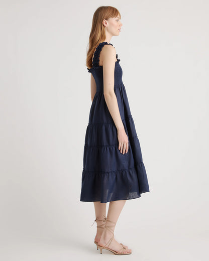 100% European Linen Smocked Midi Dress - XS / Ivory Porcelain Blue Petite Floral
