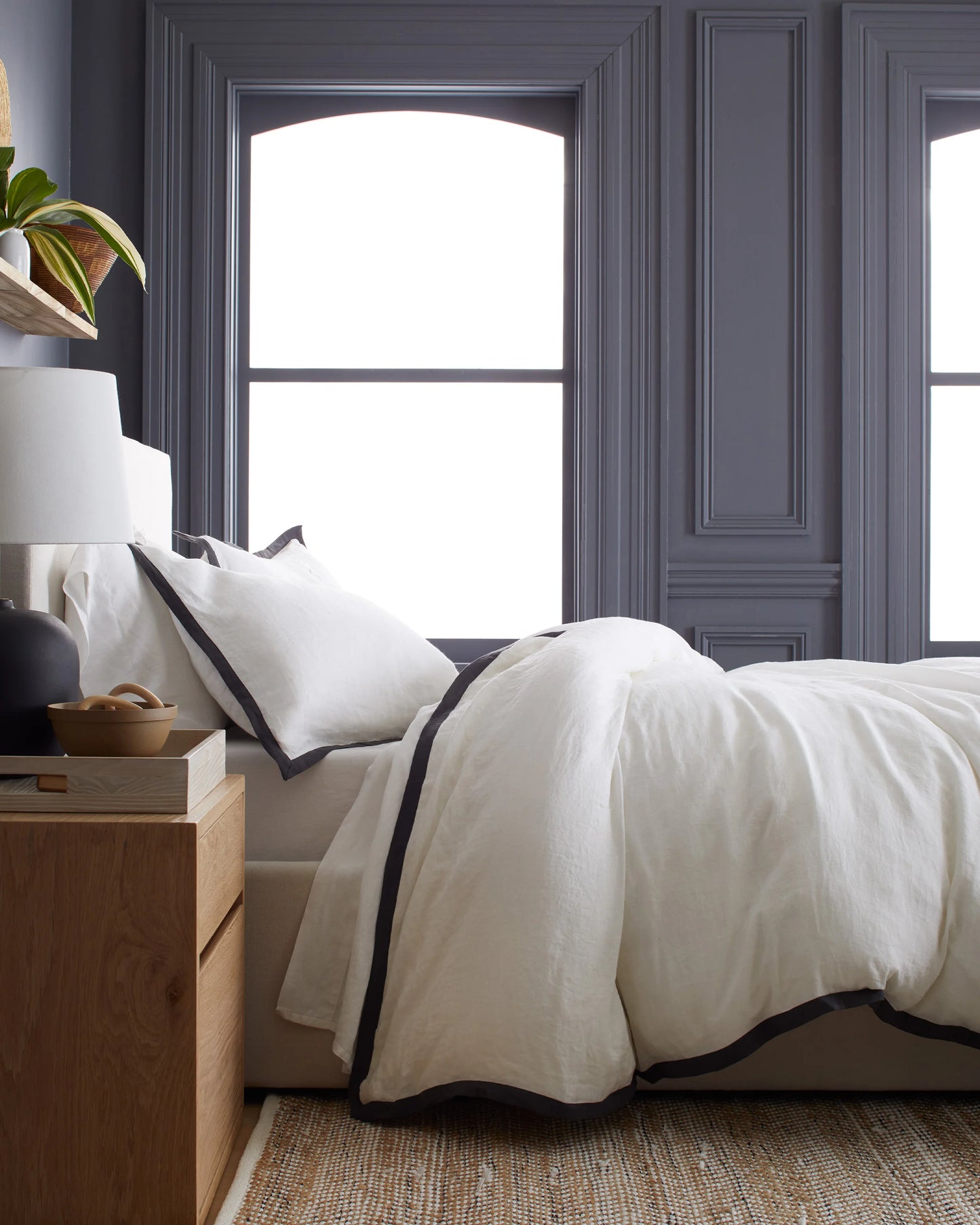 European Linen Contrast Flange Duvet Cover - Twin / Aloe/Sand