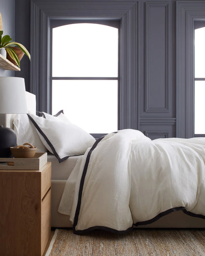 European Linen Contrast Flange Duvet Cover - Twin / Aloe/Sand