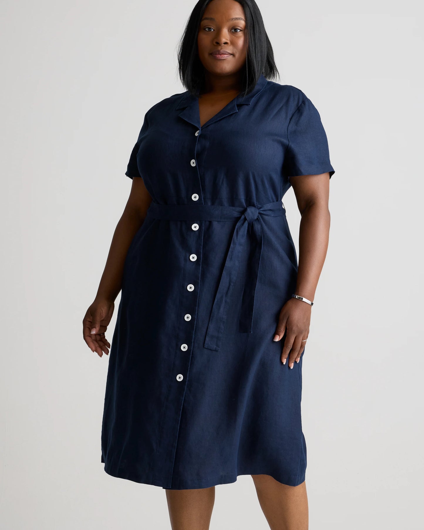 100% European Linen Button Front Dress - 1X / Blue Pinstripe