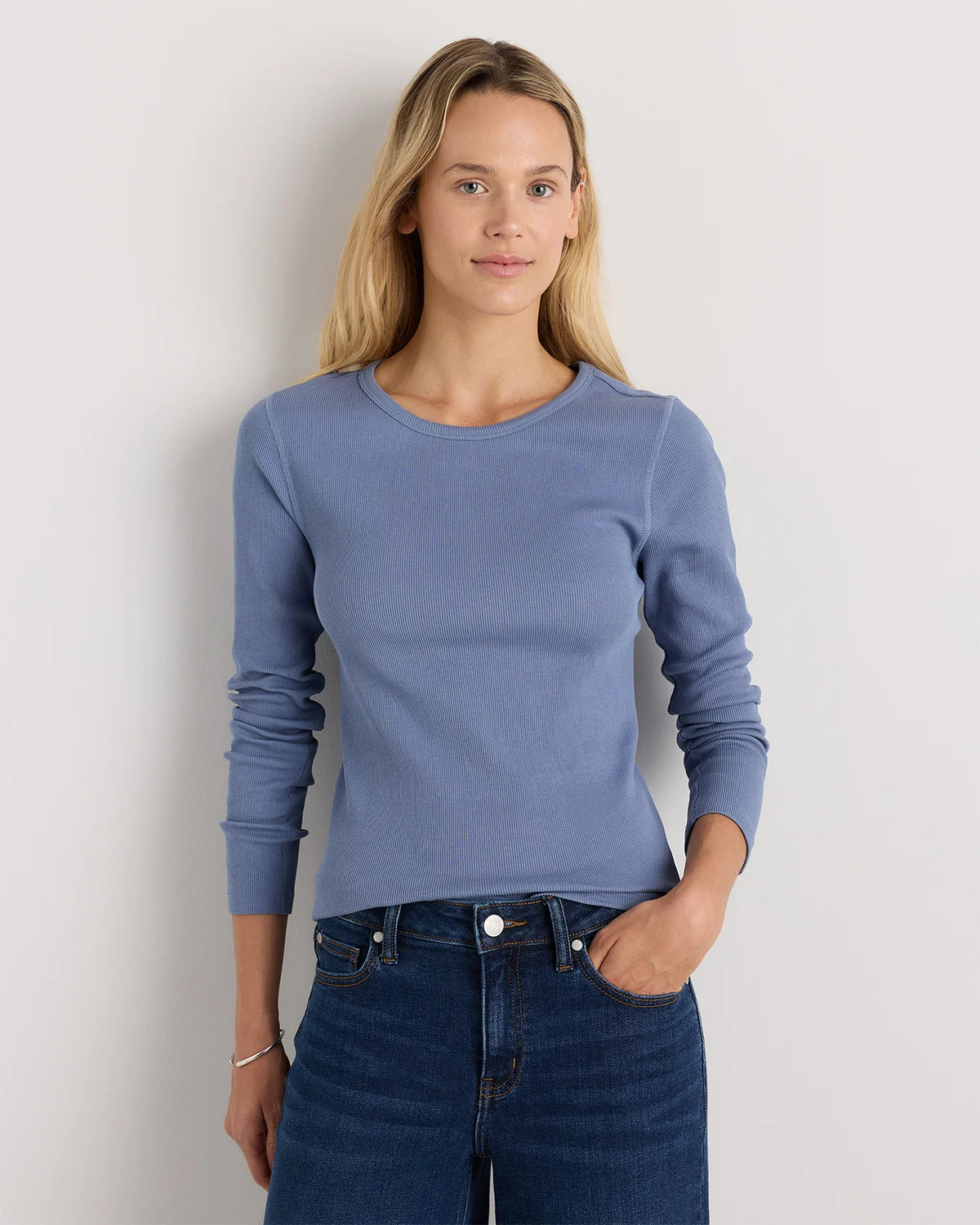 Organic Cotton Micro-Rib Long Sleeve Tee - XS / Moonstone Blue