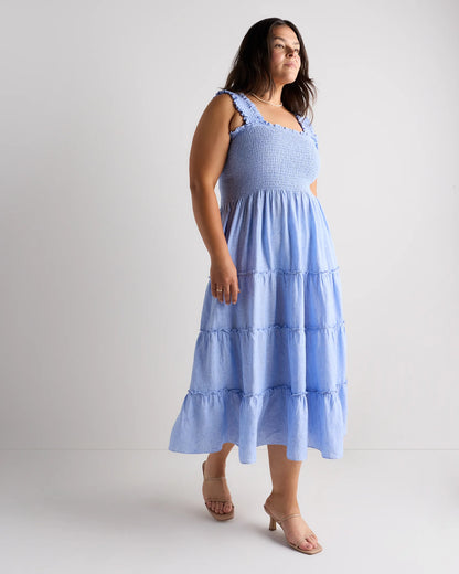 100% European Linen Smocked Midi Dress - 1X / Flax