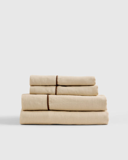 European Linen Piped Sheet Set - Twin / White/Cherry