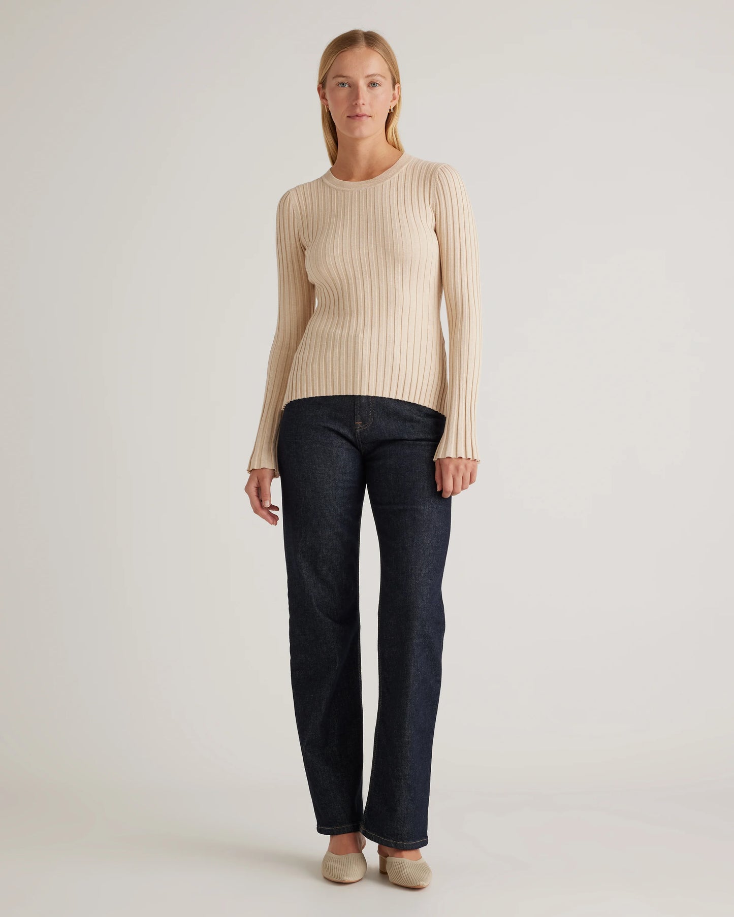 Cotton Cashmere Ribbed Long Sleeve Sweater - XS / Sugar Stone