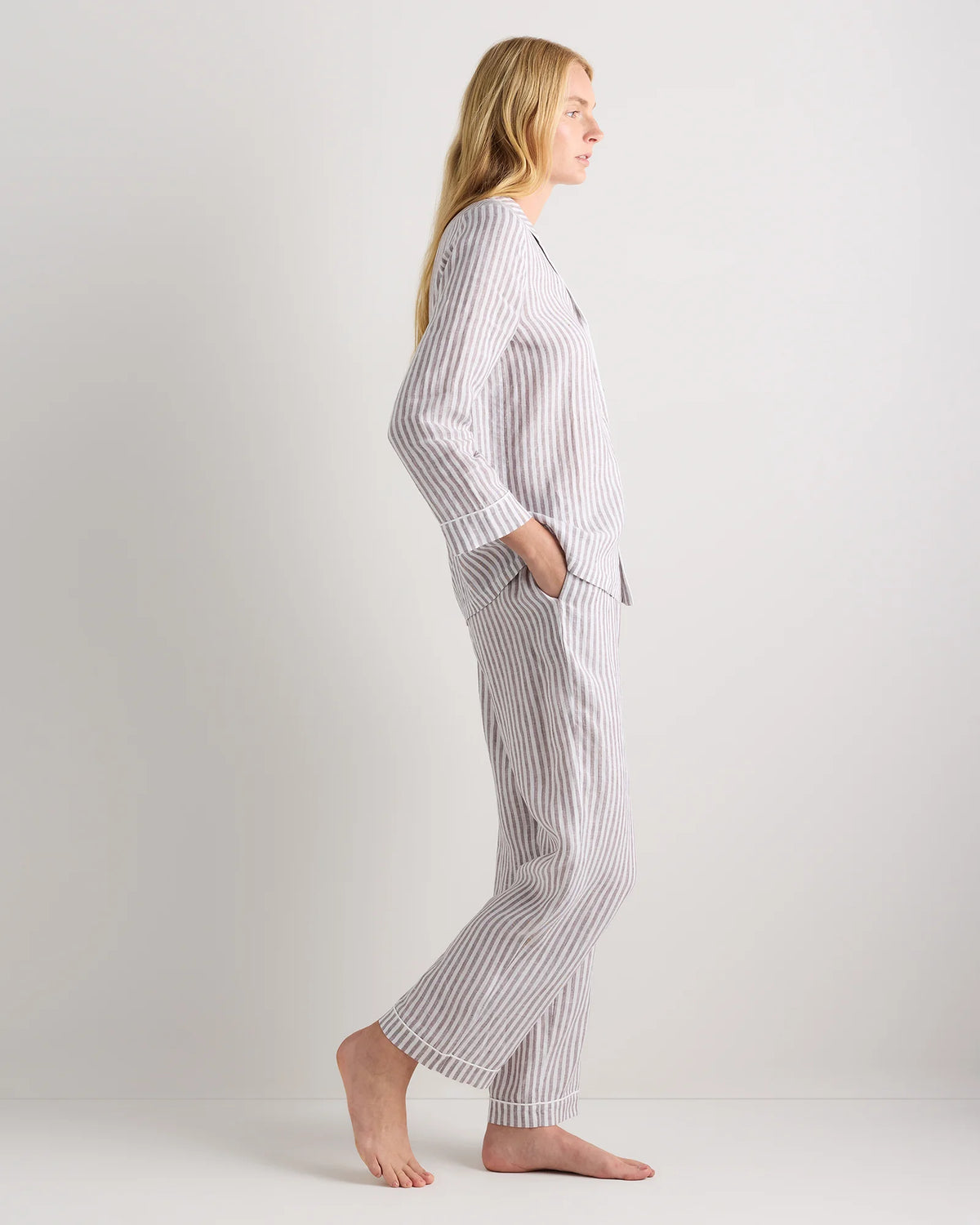 100% European Linen Long Sleeve Pajama Set with Piping - XS / Taupe Brown Gingham