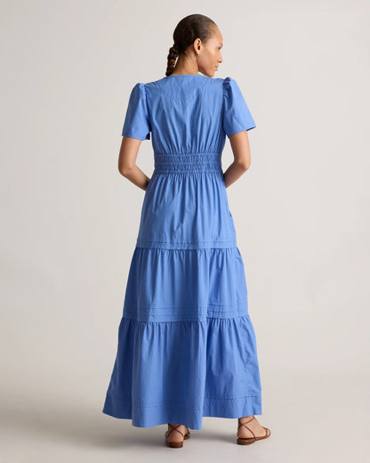 100% Organic Cotton Poplin Tiered Maxi Dress - XS / Riviera Blue Heirloom Floral