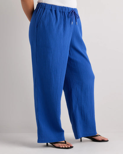 100% Organic Cotton Gauze Straight Leg Pants - 1X / Indigo Blue