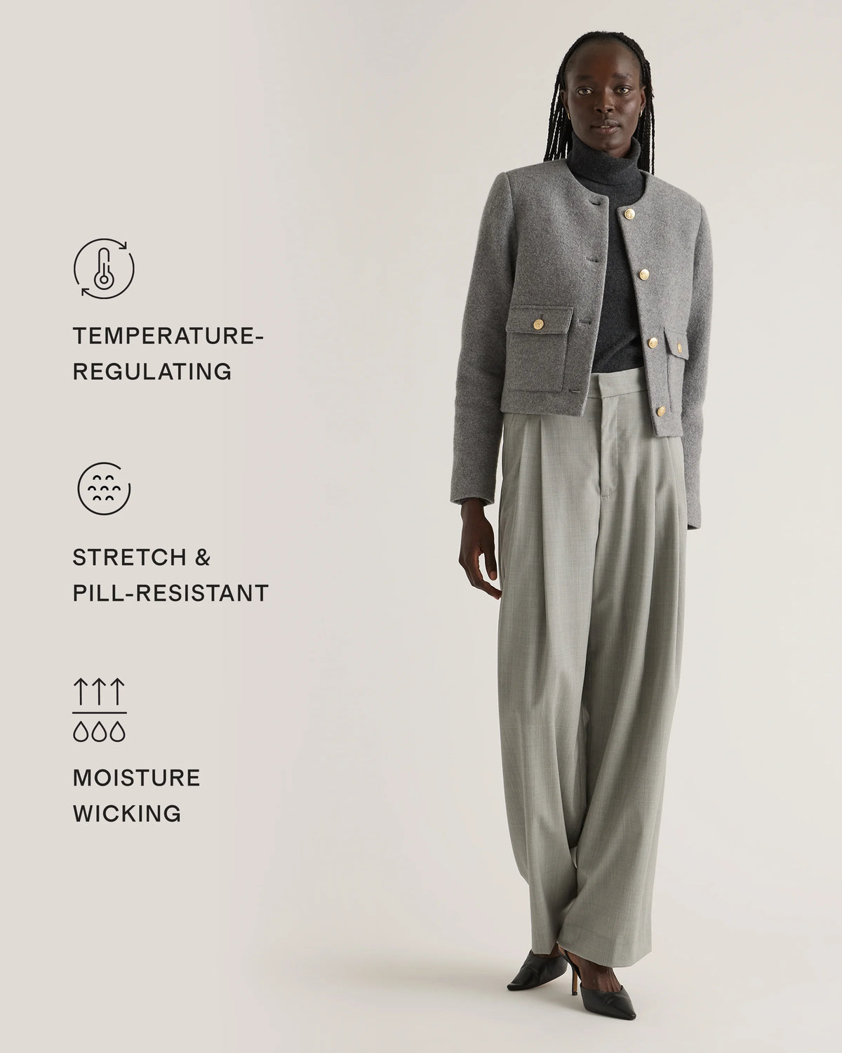 100% Merino Wool Collarless Cropped Jacket - XS / Heather Bone