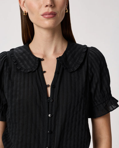 Embroidered Cotton Ruffle Collar Short Sleeve Blouse - XS / Classic White