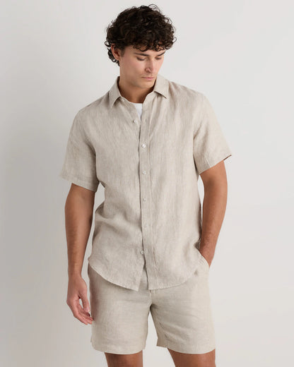 100% European Linen Relaxed Short Sleeve Shirt - XS / Taupe Brown Chambray