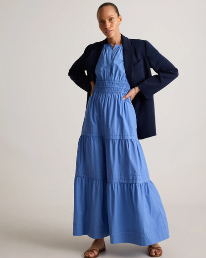 100% Organic Cotton Poplin Tiered Maxi Dress - XS / Riviera Blue Heirloom Floral