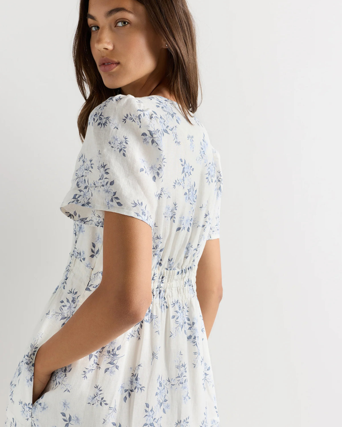 100% European Linen Tiered Maxi Dress - XS / Ivory Porcelain Blue Petite Floral