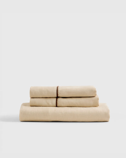 European Linen Piped Fitted Sheet Set - Twin / Mist/White